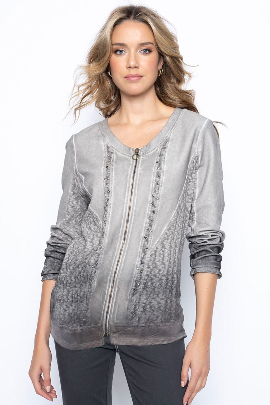 Picadilly Canada | Embellished Zip-Front Ombre Jacket Light Grey