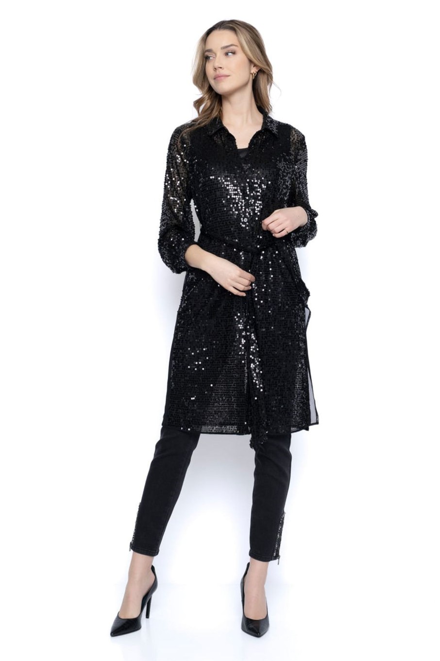 Picadilly Canada | Sequin Shirt With Waist Tie Black