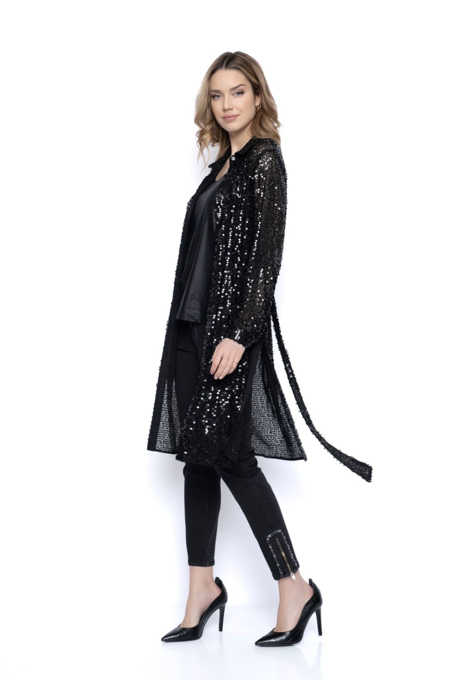 Picadilly Canada | Sequin Shirt With Waist Tie Black