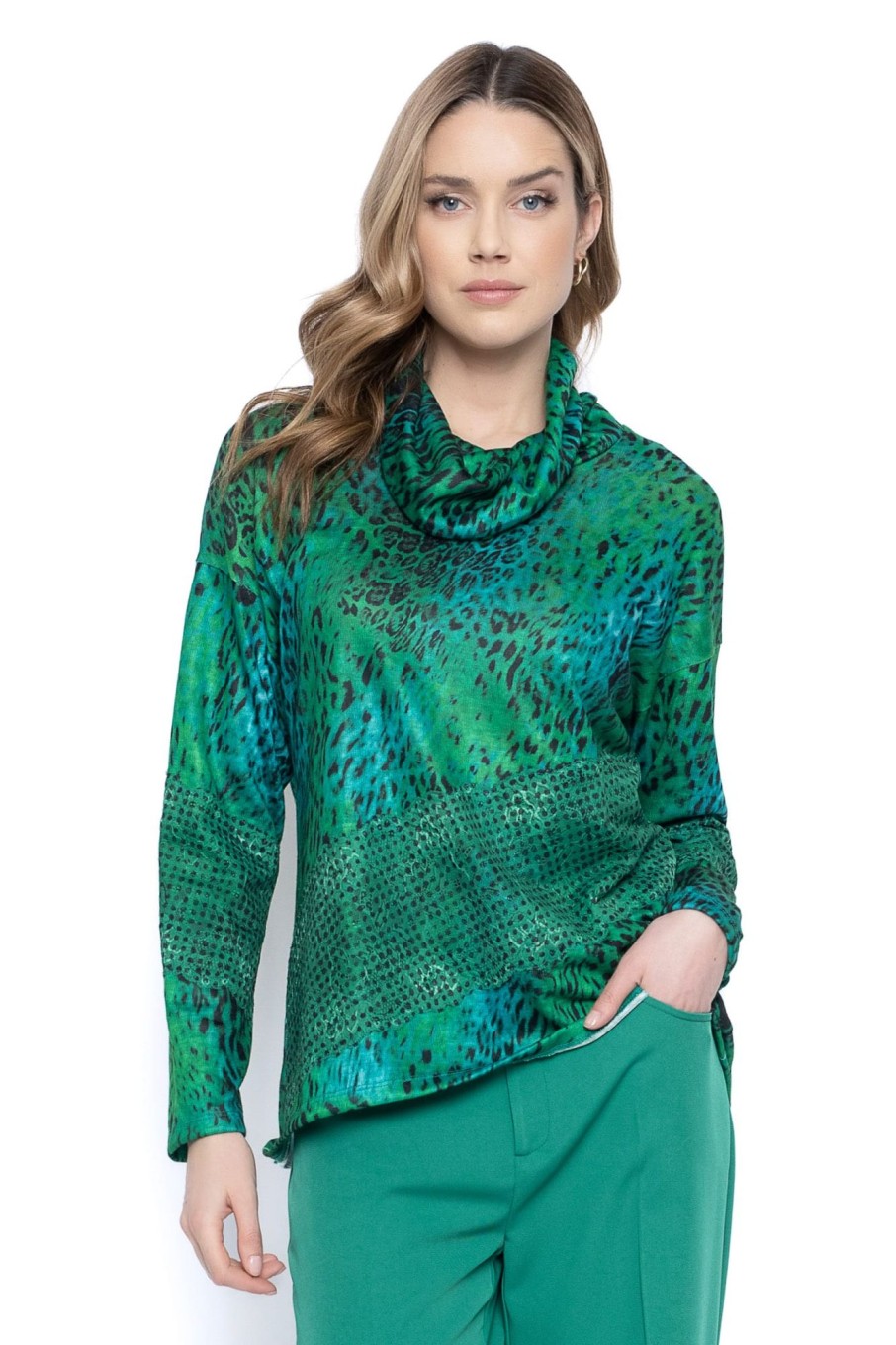 Picadilly Canada | Cowl Neck Lace Trim Top Emerald Multi