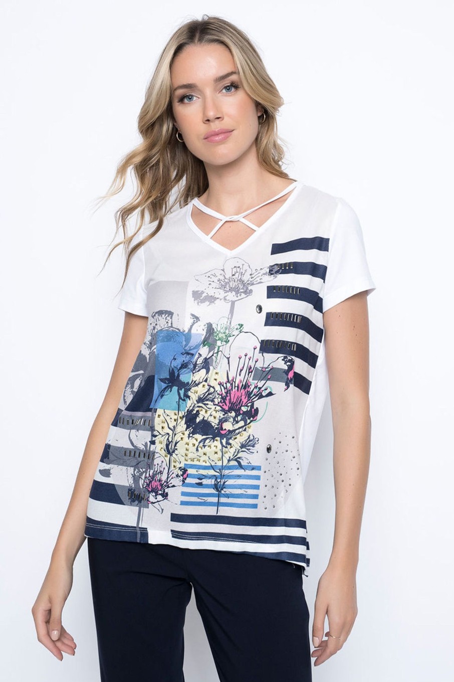 Picadilly Canada | Embellished Short Sleeve Top With Strap Detail Navy Multi