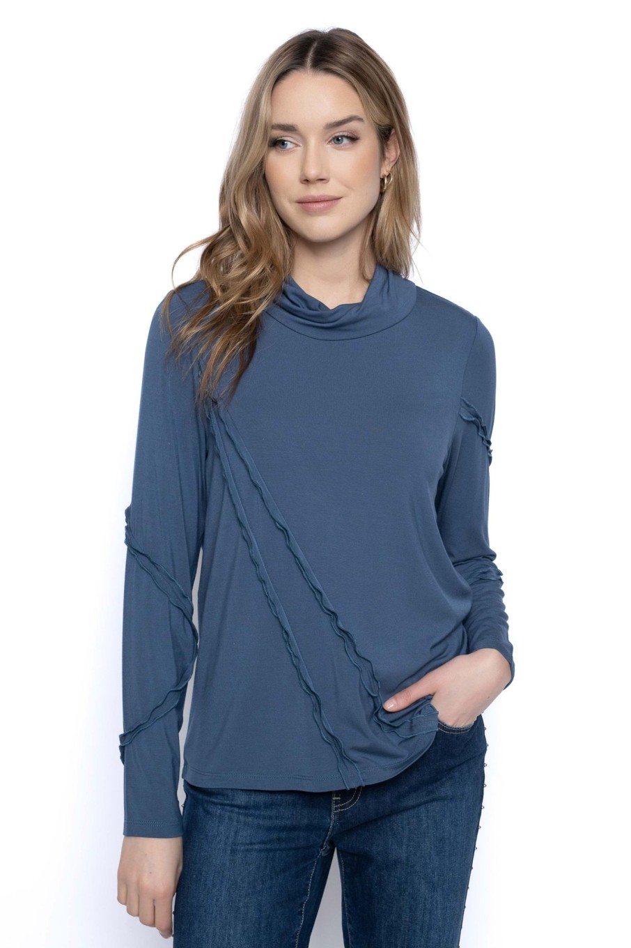 Picadilly Canada | Twisted Mock Neck Ruffle Trim Top