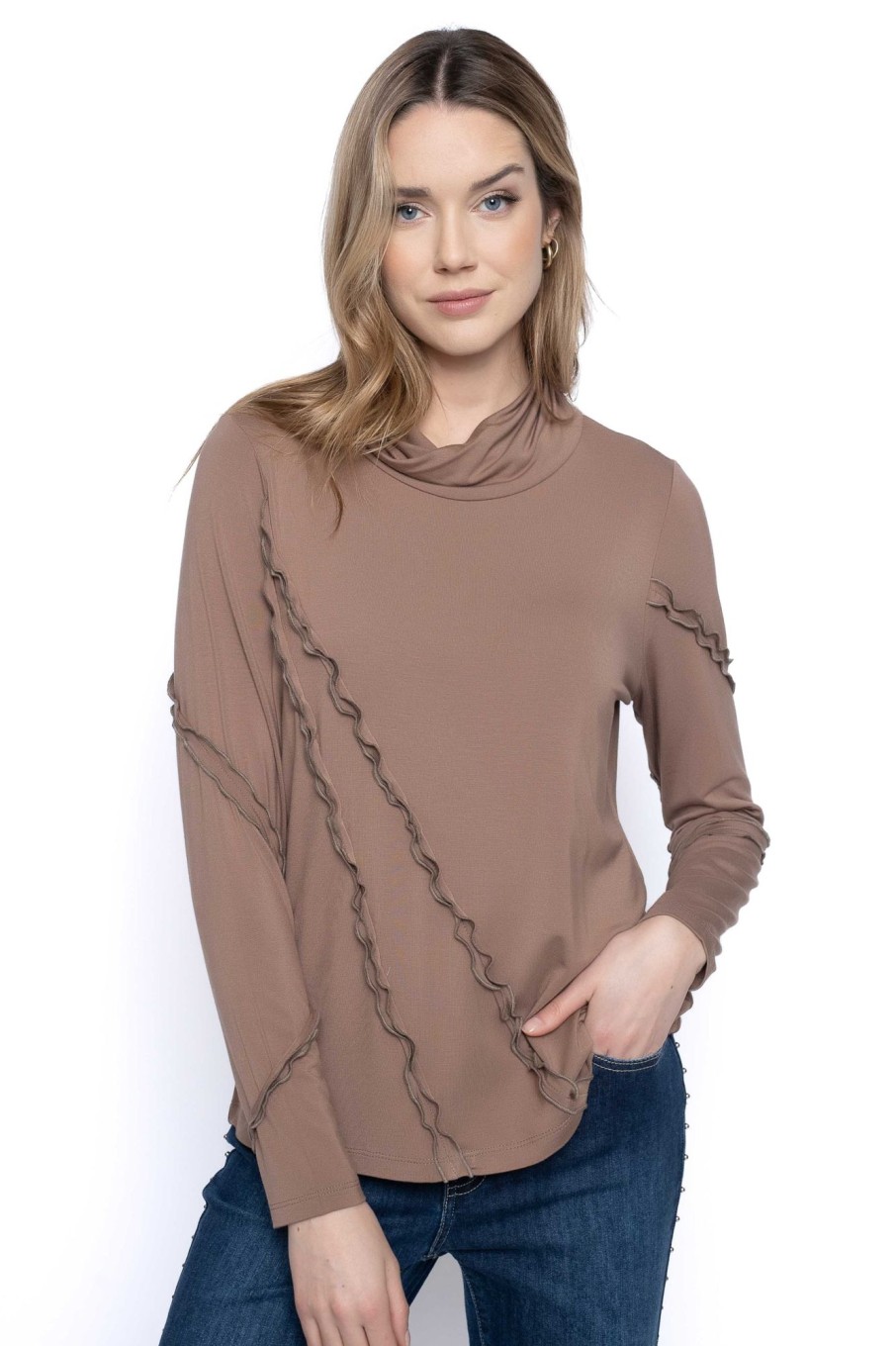 Picadilly Canada | Twisted Mock Neck Ruffle Trim Top