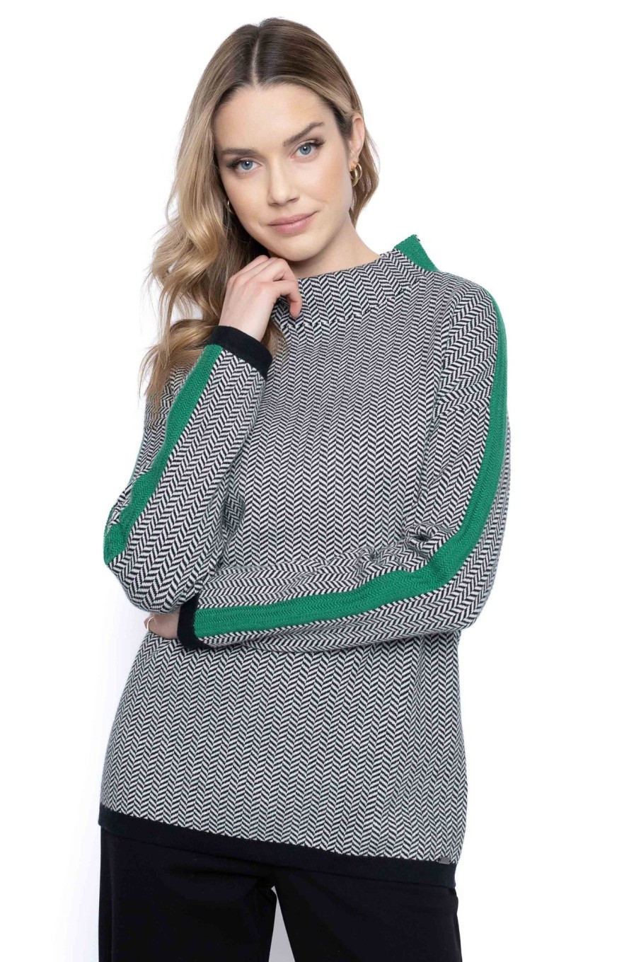 Picadilly Canada | Mock Neck Stripe Trim Sweater Top Emerald Multi