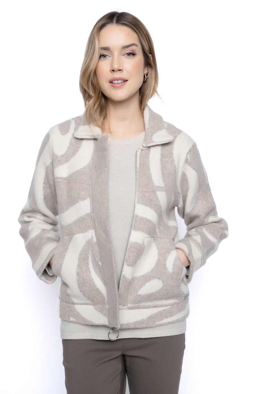 Picadilly Canada | Zip-Front Swirl Knitted Jacket Taupe Multi