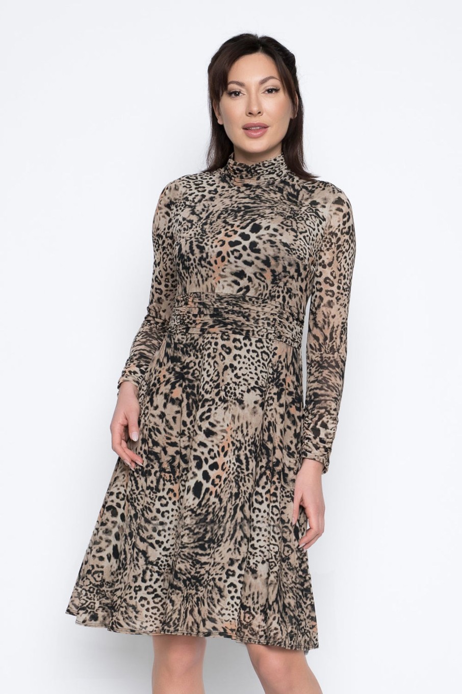 Picadilly Canada | Long Sleeve A-Line Dress With Ruching Details Taupe Multi