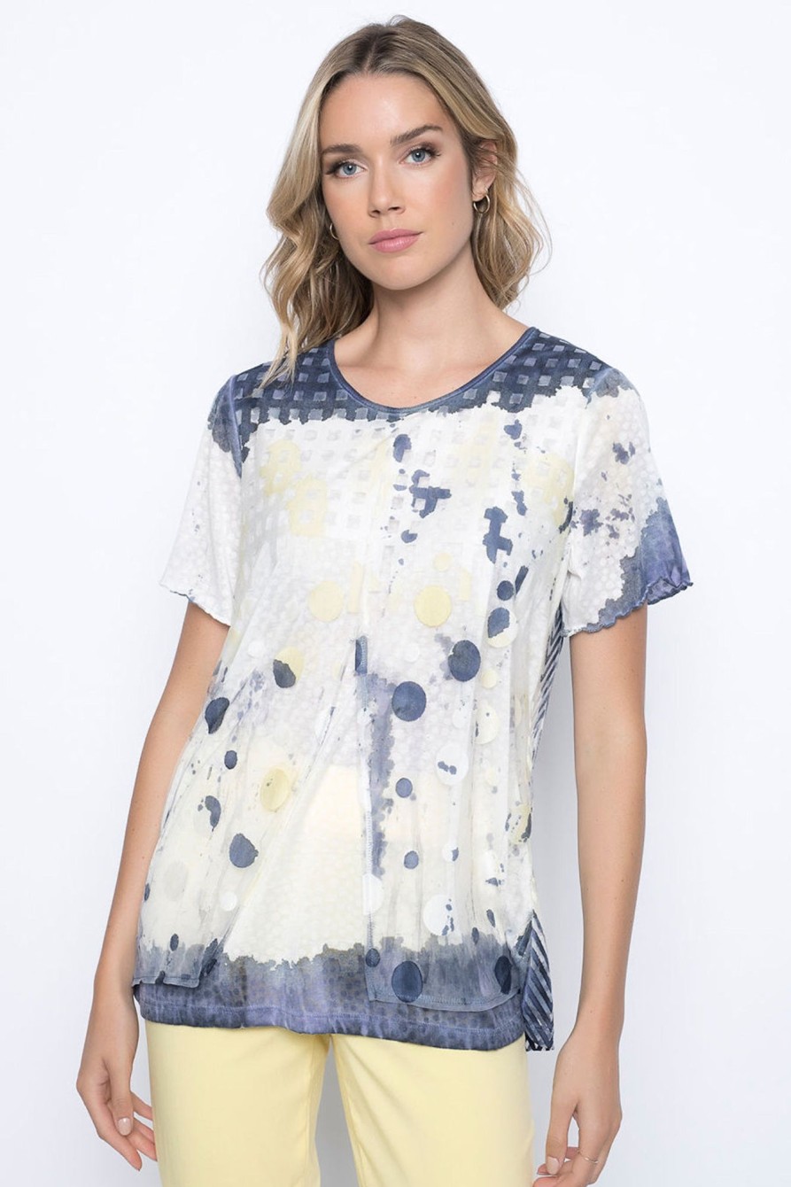 Picadilly Canada | Short Sleeve Burnout Mesh Overlay Top Yellow Multi