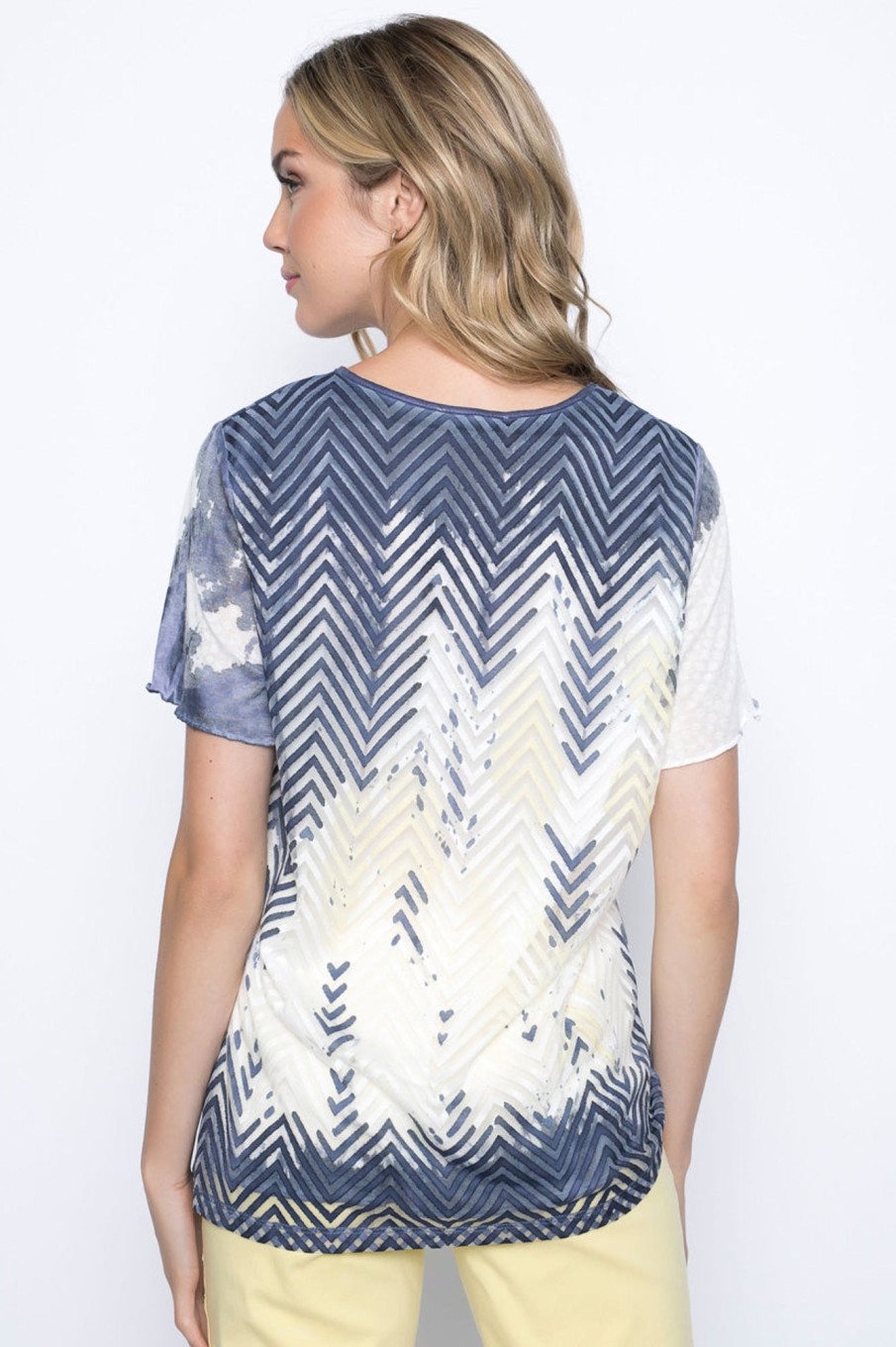 Picadilly Canada | Short Sleeve Burnout Mesh Overlay Top Yellow Multi