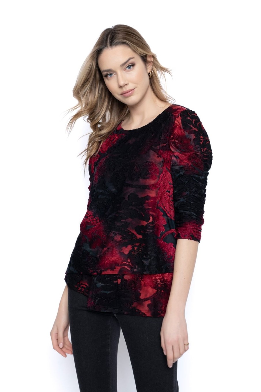 Picadilly Canada | 3/4 Ruched Sleeve Asymmetric Hem Top Crimson Multi