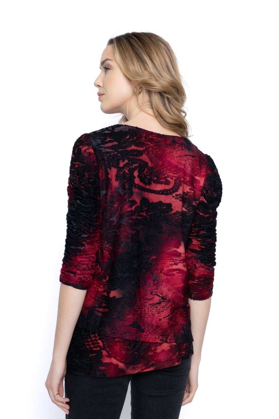 Picadilly Canada | 3/4 Ruched Sleeve Asymmetric Hem Top Crimson Multi