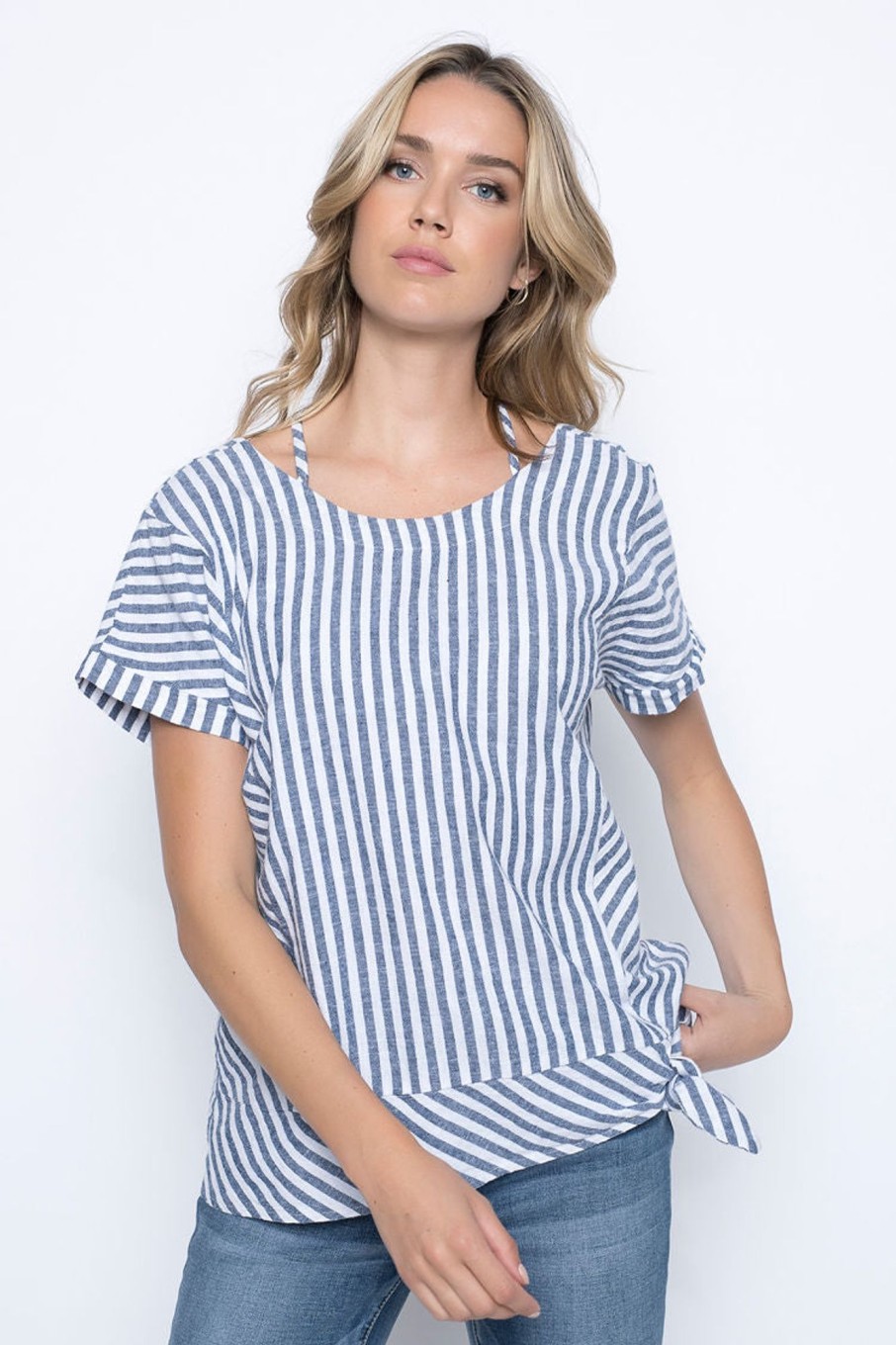 Picadilly Canada | Tie-Front Top With Strappy Neckline Indigo/White