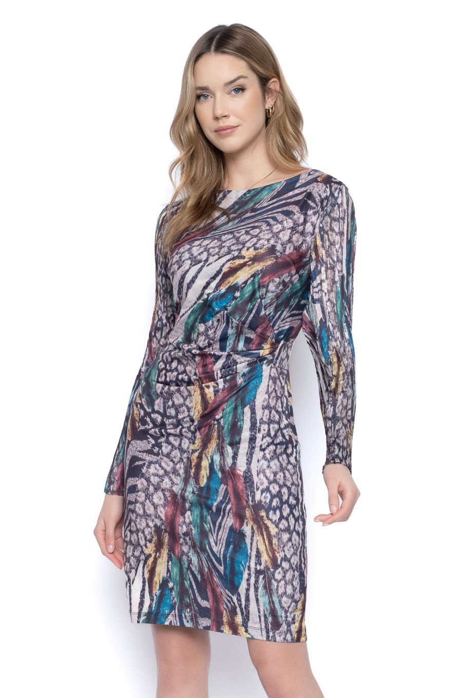 Picadilly Canada | Long-Sleeve Side-Draped Dress Taupe Multi