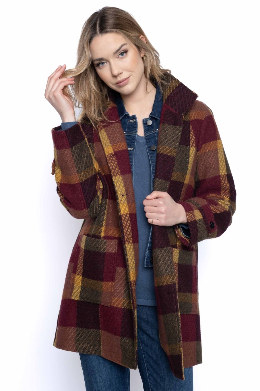 Picadilly Canada | Button-Front Stand Collar Plaid Jacket Amber Multi