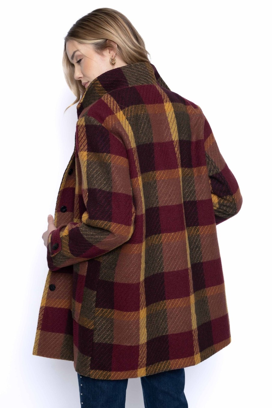 Picadilly Canada | Button-Front Stand Collar Plaid Jacket Amber Multi