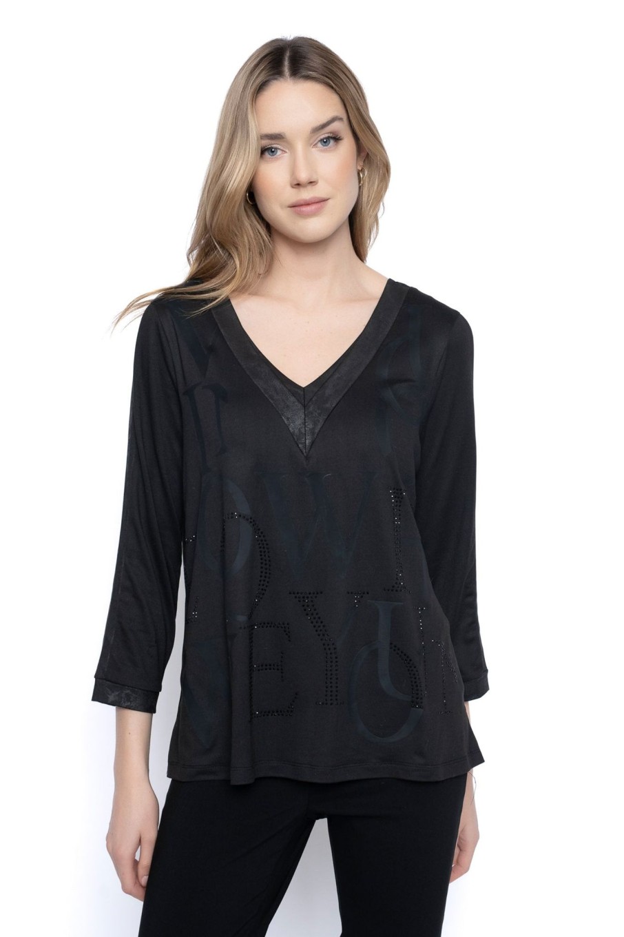 Picadilly Canada | Embellished V-Neck Lettering Top Black